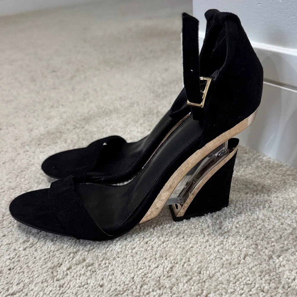 Black Suede Ankle-Strap Block Heel Sandals